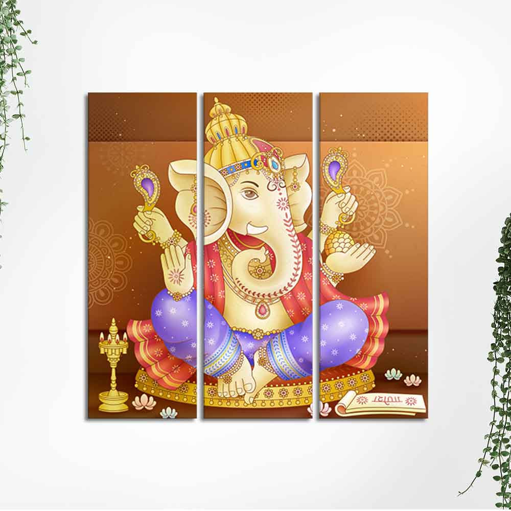 God Ganesha Beautiful Wall Painting of Three Panels - Image 5