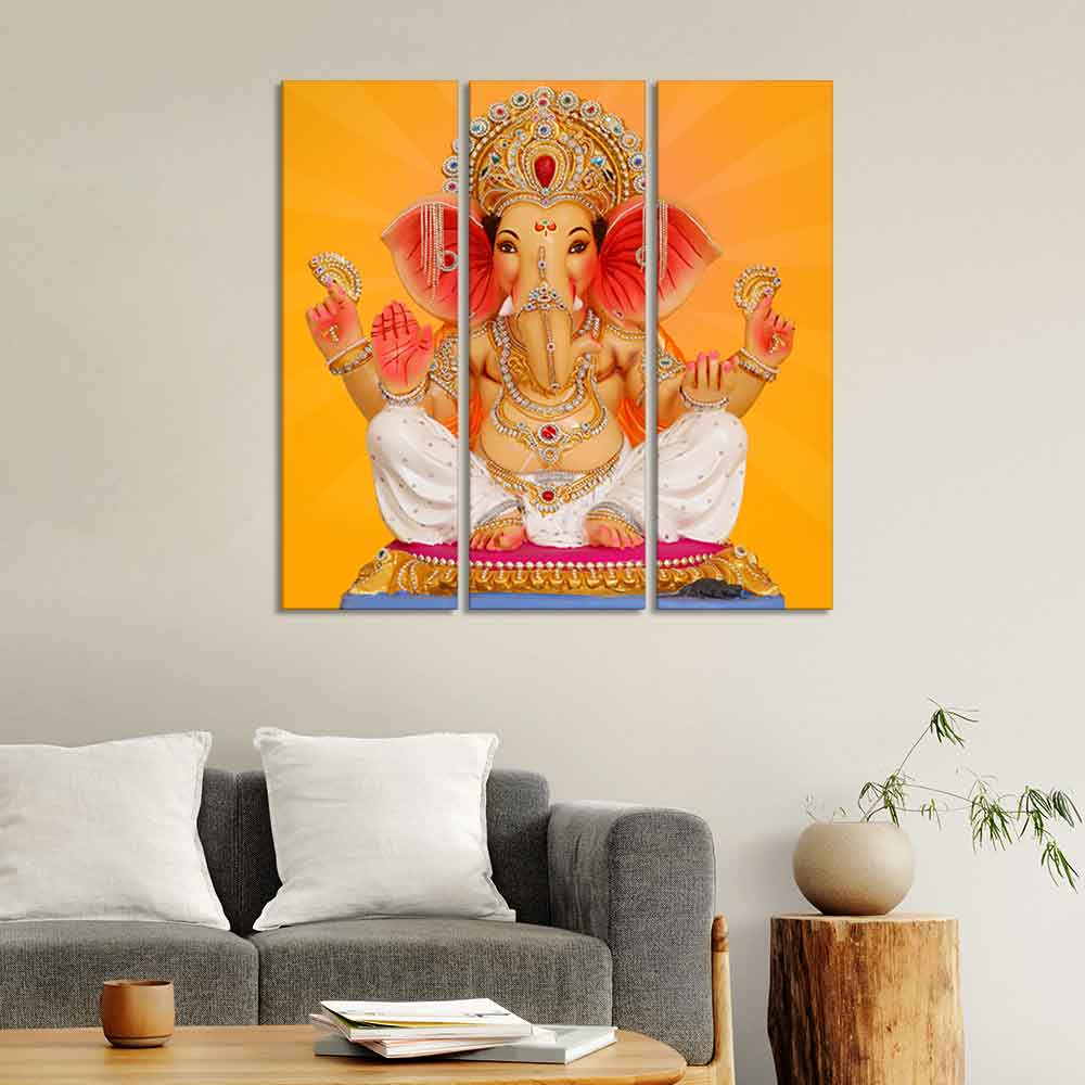 God Ganesha Canvas Wall Painting of Three Panels - Image 3