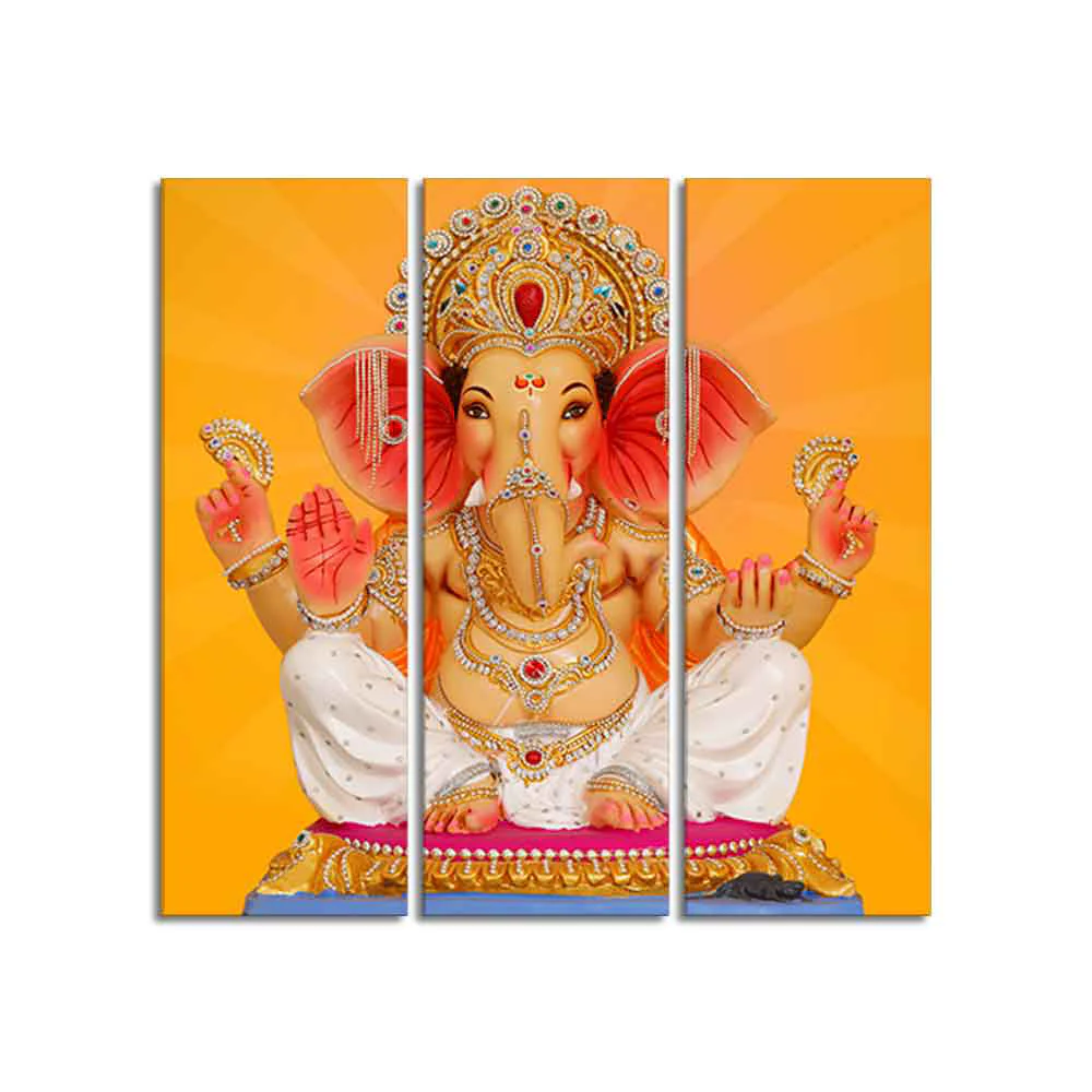 God Ganesha Canvas Wall Painting of Three Panels - Image 4