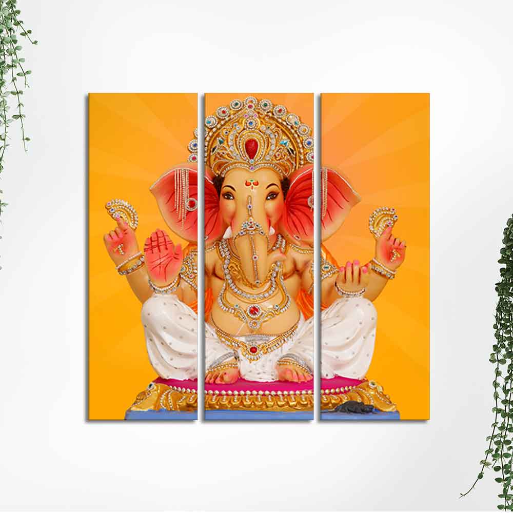 God Ganesha Canvas Wall Painting of Three Panels - Image 5