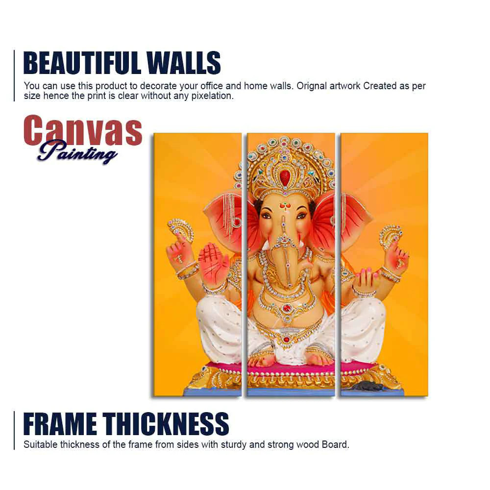 God Ganesha Canvas Wall Painting of Three Panels - Image 6