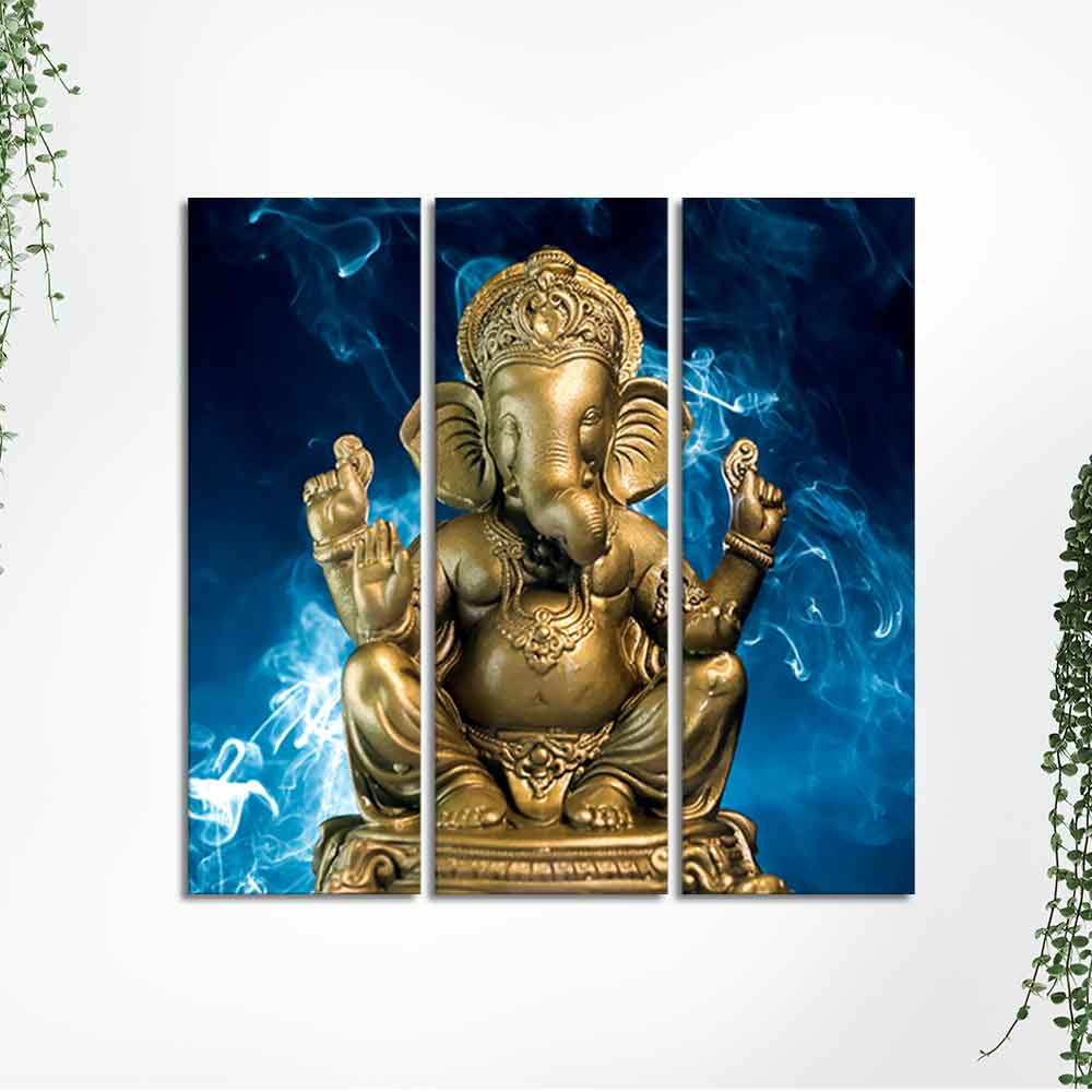 God Ganesha Golden Sculpture Wall Painting of Three Panels - Image 5