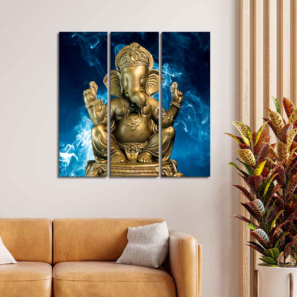 God Ganesha Golden Sculpture Wall Painting of Three Panels - Image 6