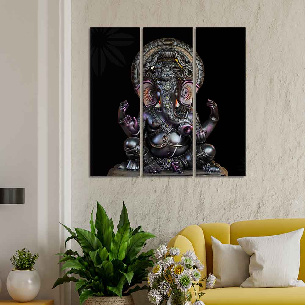 God Ganesha Sculpture Wall Painting of Three Panels - Image 2