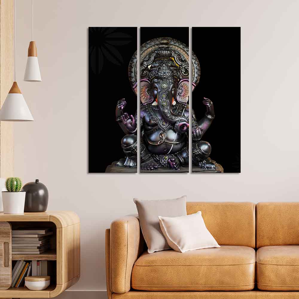 God Ganesha Sculpture Wall Painting of Three Panels - Image 3