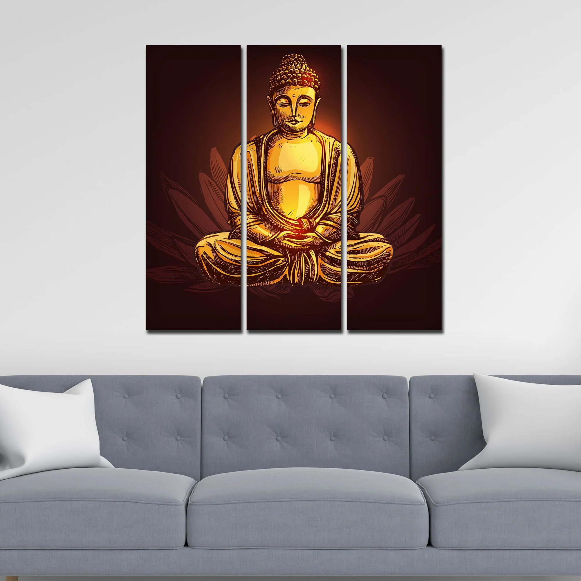 God Gautam Buddha Canvas Wall Painting of 3 Pieces - Image 2