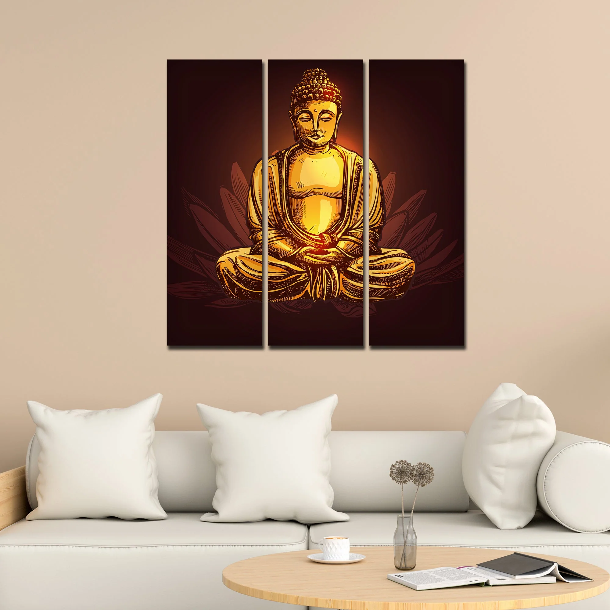 God Gautam Buddha Canvas Wall Painting of 3 Pieces - Image 3