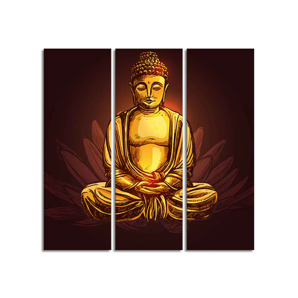God Gautam Buddha Canvas Wall Painting of 3 Pieces - Image 4