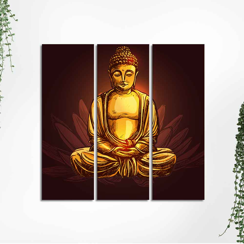 God Gautam Buddha Canvas Wall Painting of 3 Pieces - Image 5