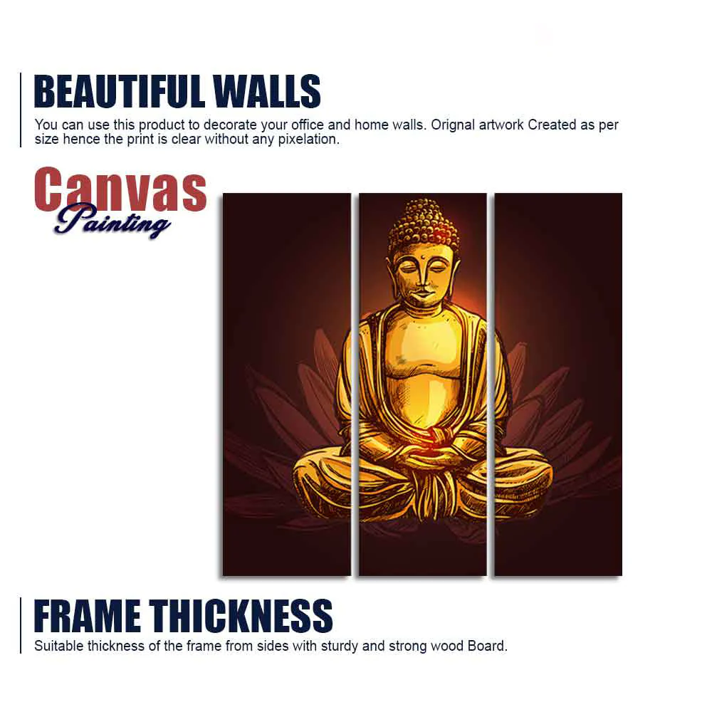 God Gautam Buddha Canvas Wall Painting of 3 Pieces - Image 6