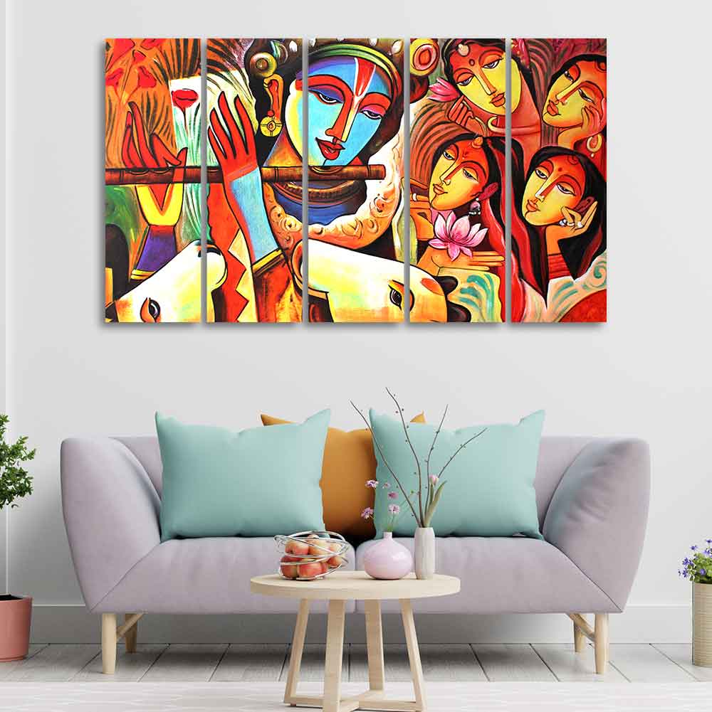 God Radha Krishna Beautiful Wall Painting of Five Pieces - Image 2