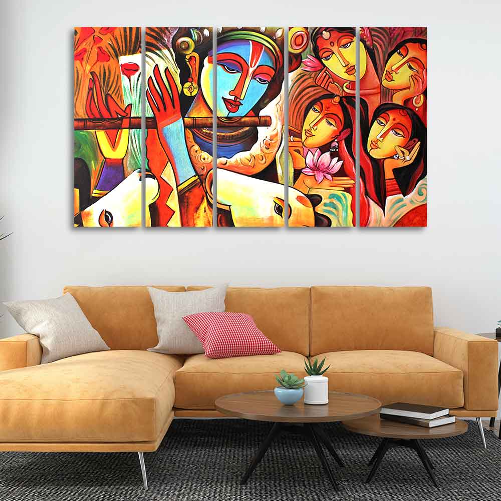 God Radha Krishna Beautiful Wall Painting of Five Pieces - Image 3