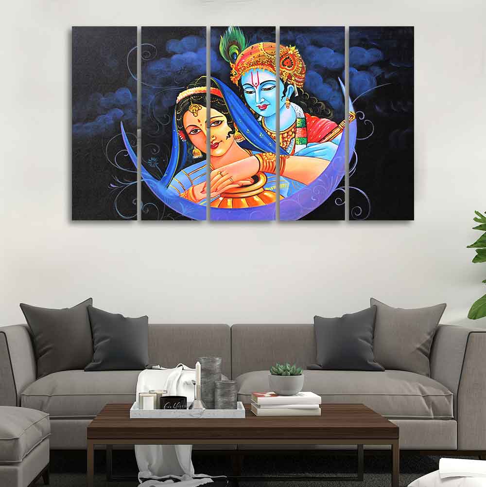 God Radha Krishna Canvas Wall Painting Set of Five Pieces - Image 3