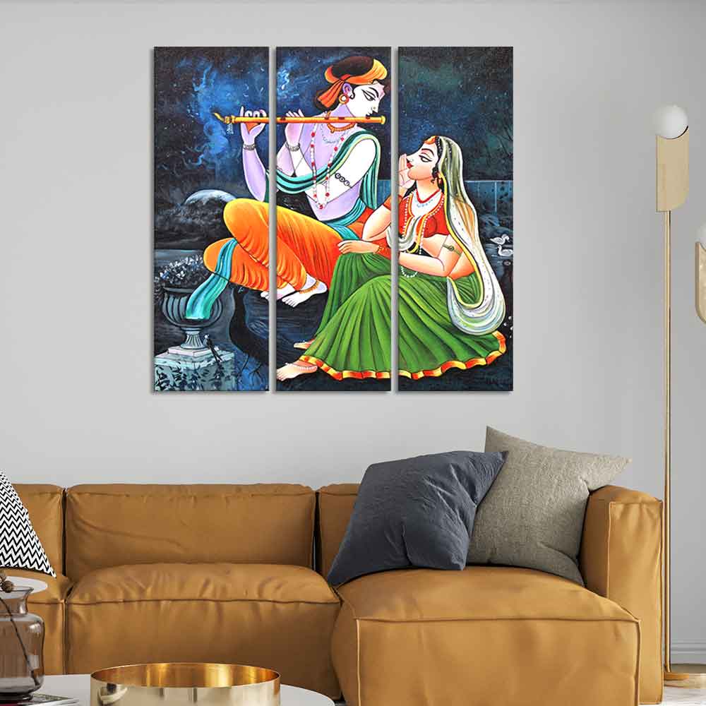 God Radha Krishna Playing Flute Wall Painting of 3 Panels - Image 2