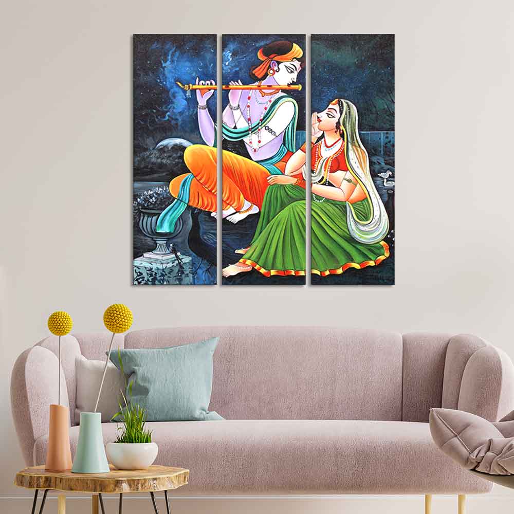 God Radha Krishna Playing Flute Wall Painting of 3 Panels - Image 3