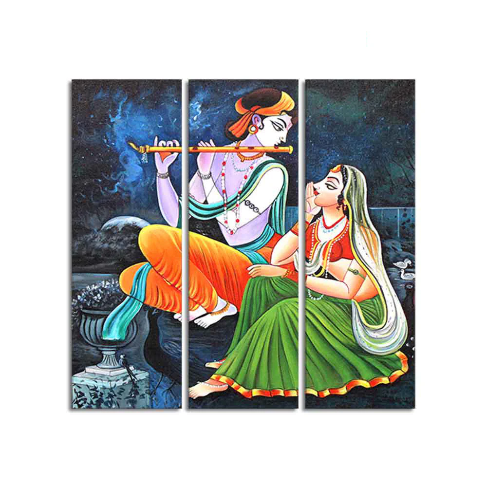 God Radha Krishna Playing Flute Wall Painting of 3 Panels - Image 4