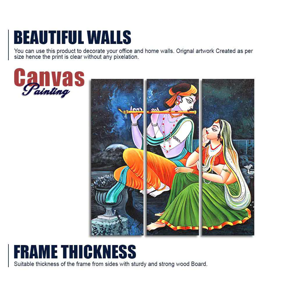 God Radha Krishna Playing Flute Wall Painting of 3 Panels - Image 6