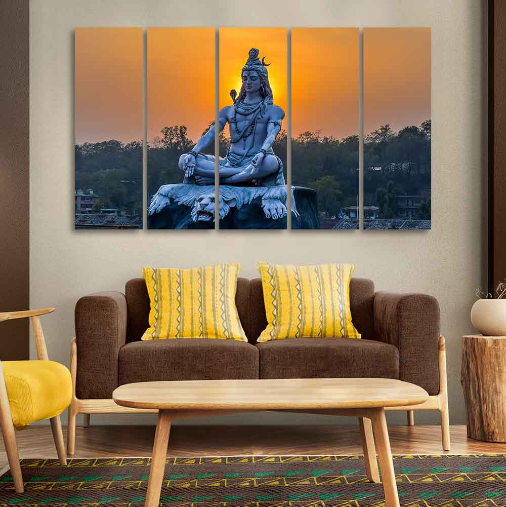 God Shiva Statue Canvas Wall Painting of Five Pieces - Image 3