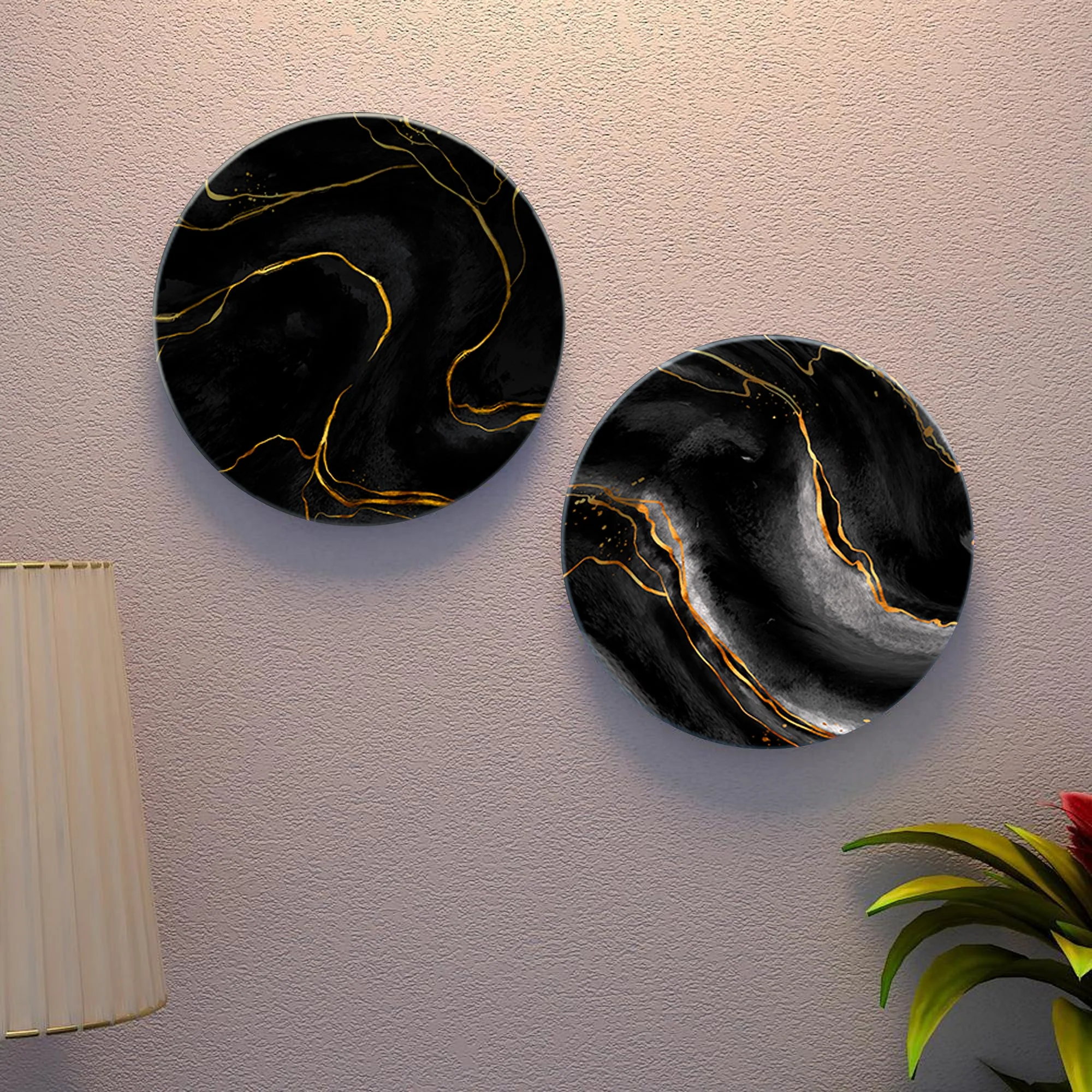 Gold & Black Texture Ceramic Wall Hanging Plates of Two Pieces - Image 3