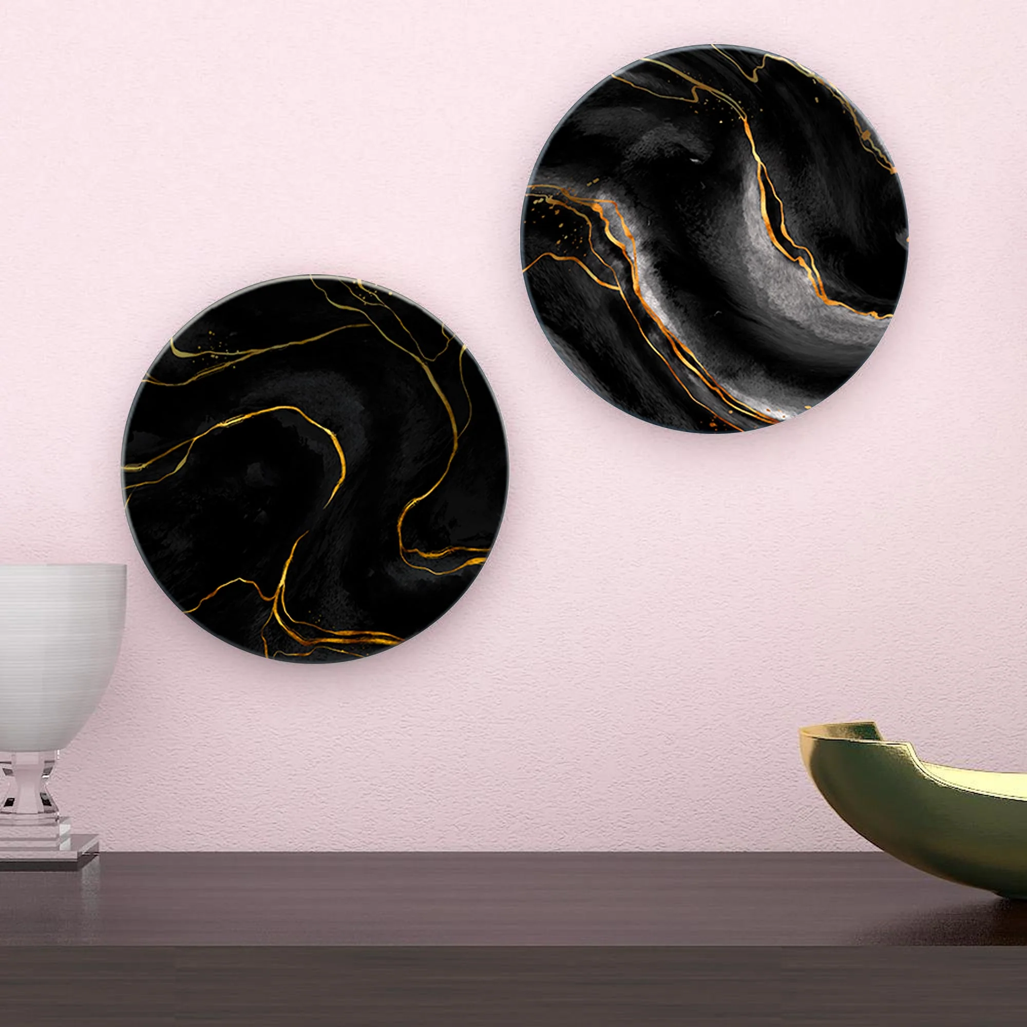Gold & Black Texture Ceramic Wall Hanging Plates of Two Pieces - Image 4