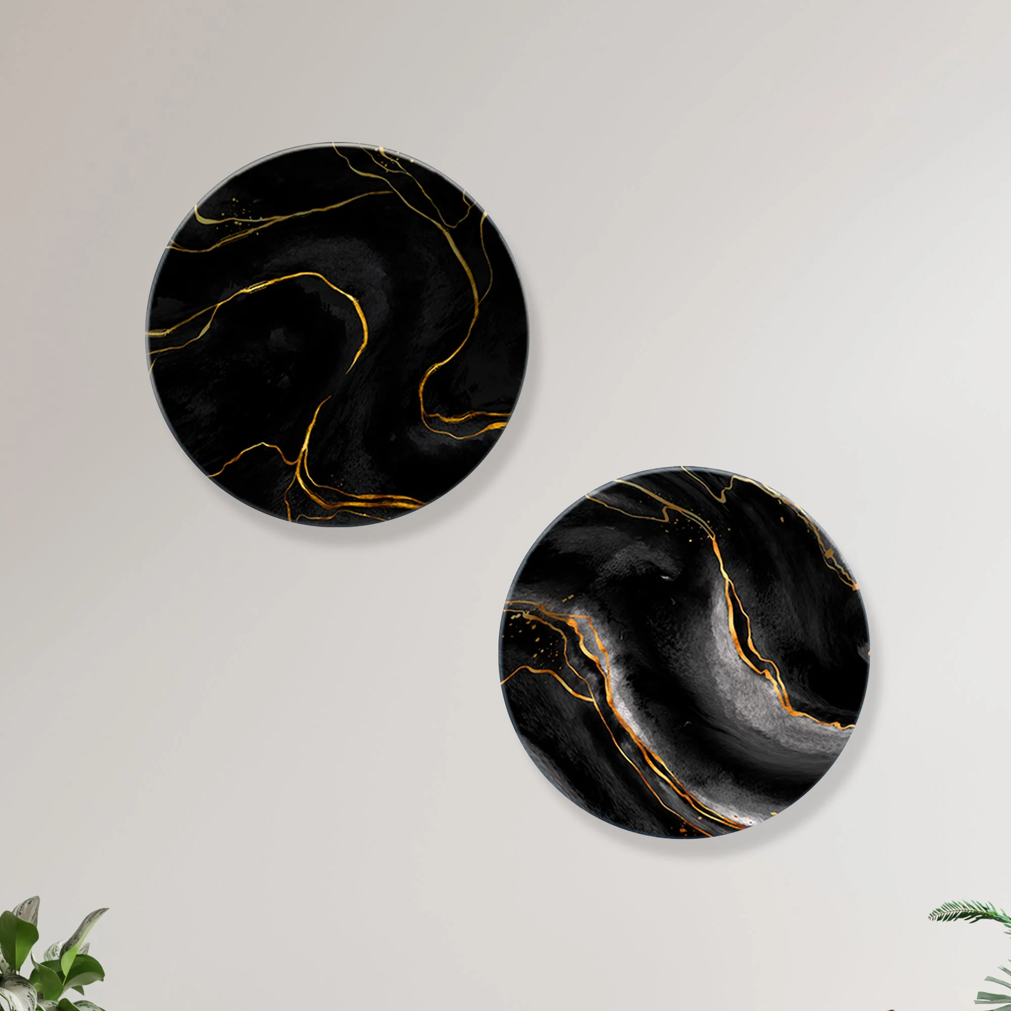 Gold & Black Texture Ceramic Wall Hanging Plates of Two Pieces - Image 5