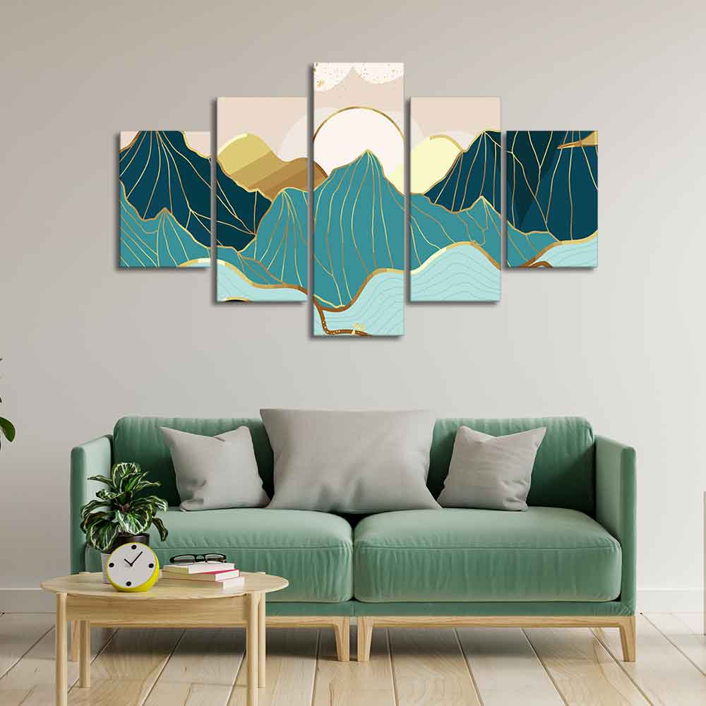 Gold Mountain Landscape Line art with Sunrise Background 5 Pieces Wall Painting - Image 3