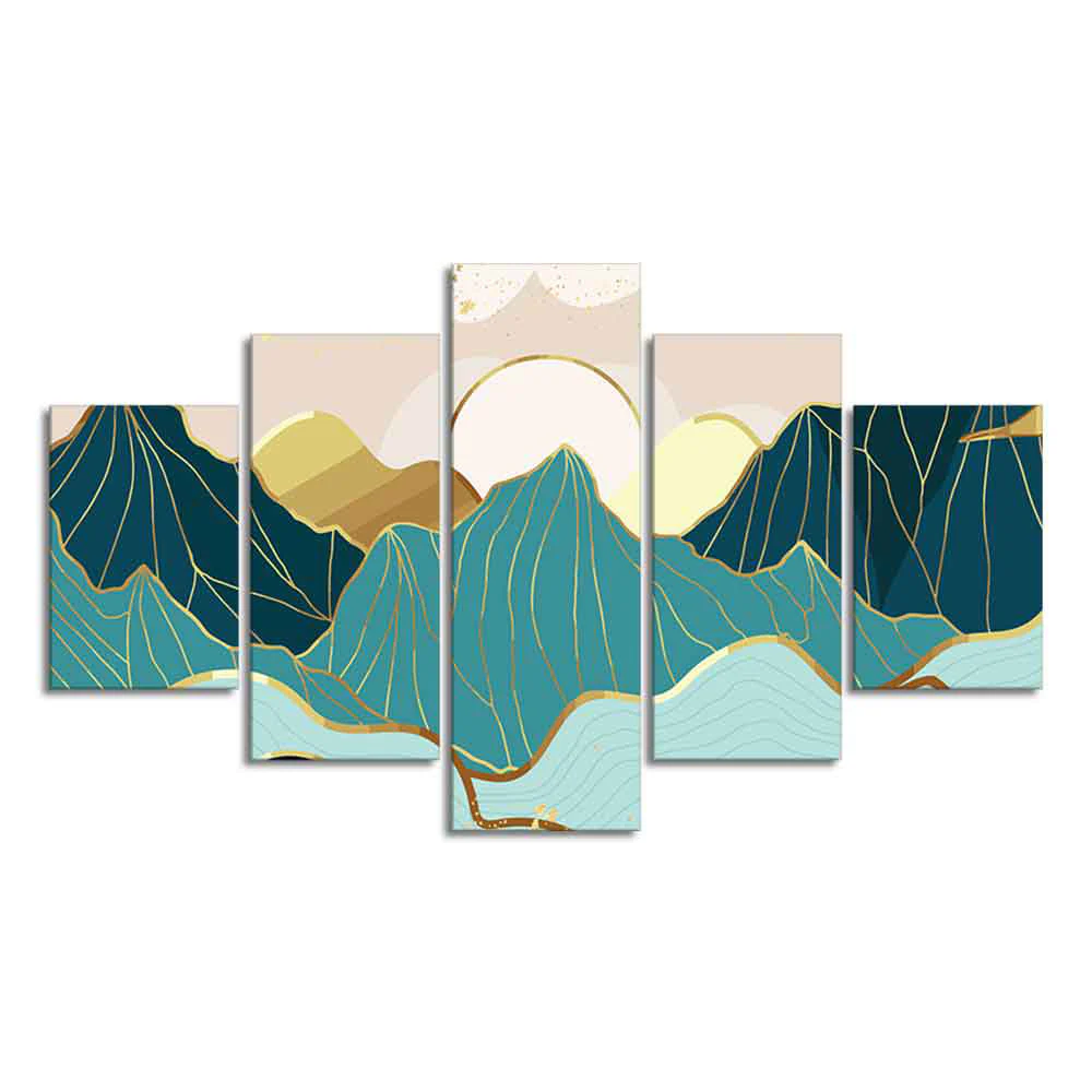 Gold Mountain Landscape Line art with Sunrise Background 5 Pieces Wall Painting - Image 4