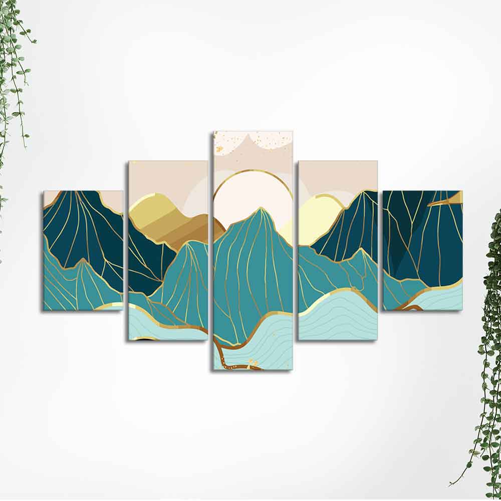 Gold Mountain Landscape Line art with Sunrise Background 5 Pieces Wall Painting - Image 5