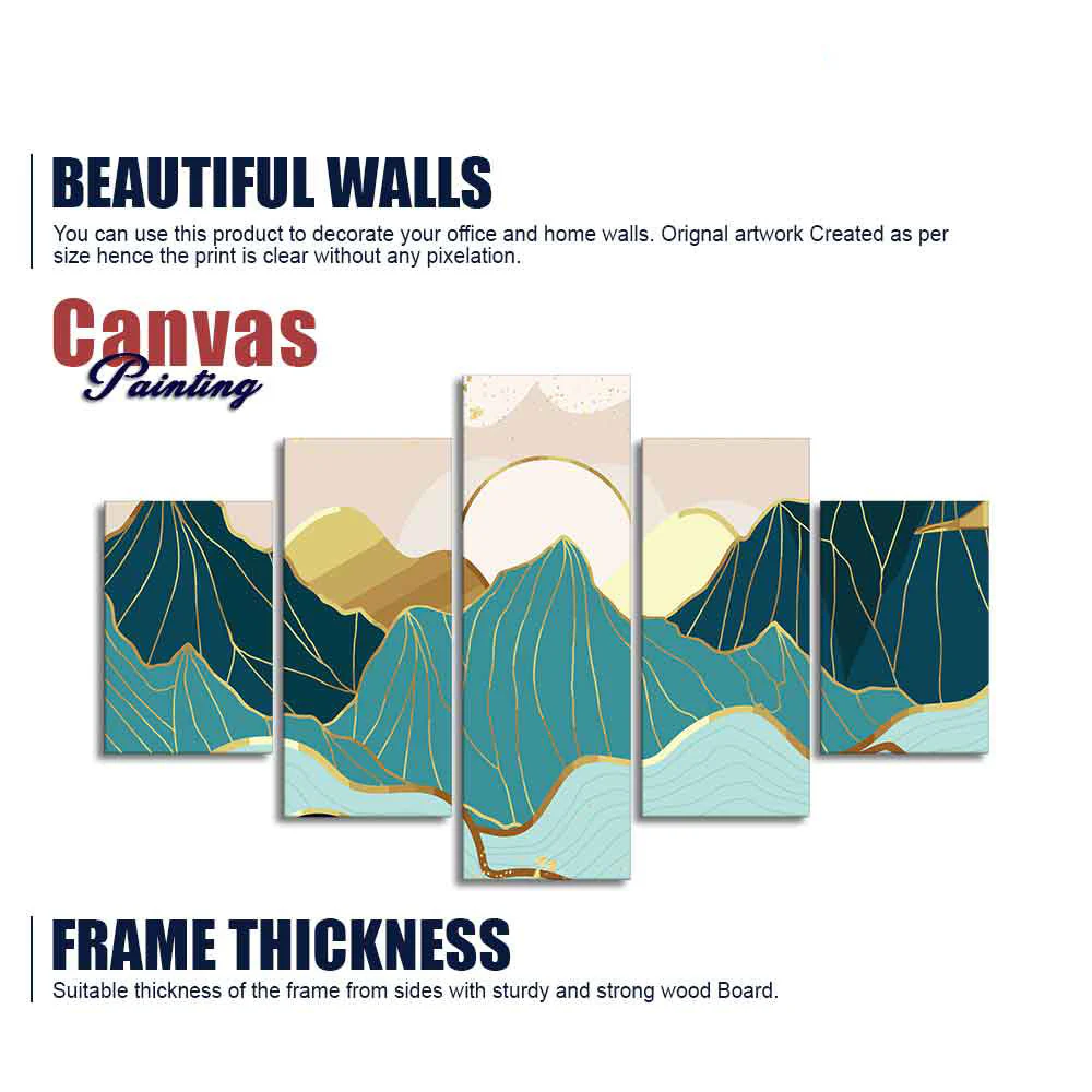 Gold Mountain Landscape Line art with Sunrise Background 5 Pieces Wall Painting - Image 6