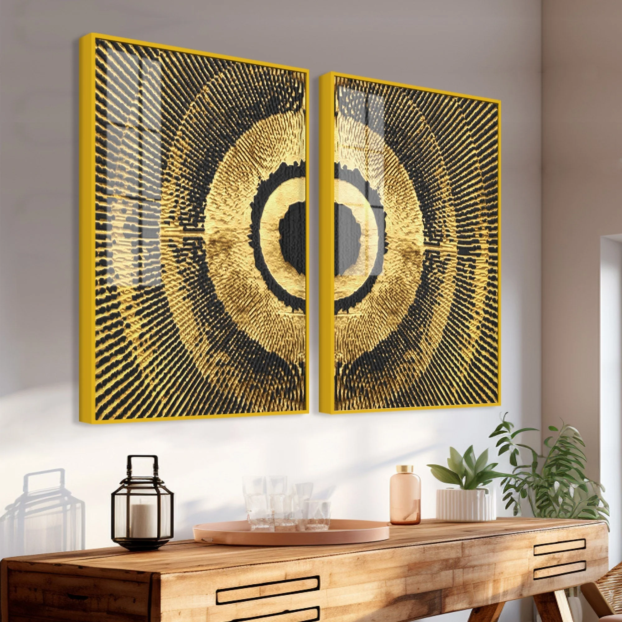 Golden 3D Pattern Acrylic Floating Wall Painting Set of 2 - Image 3
