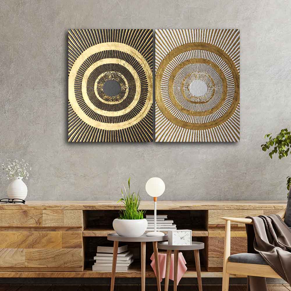 Golden 3D Pattern Canvas Wall Painting of Two Pieces - Image 3