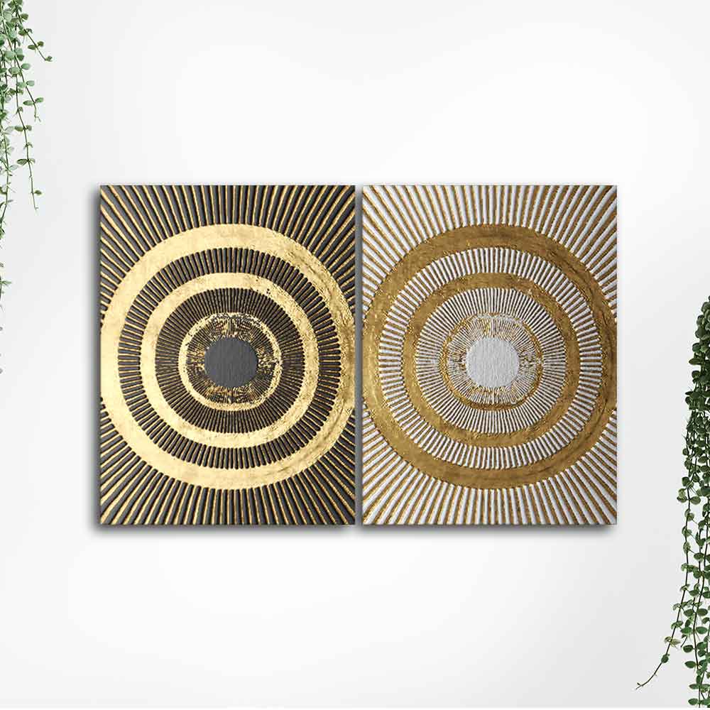 Golden 3D Pattern Canvas Wall Painting of Two Pieces - Image 5