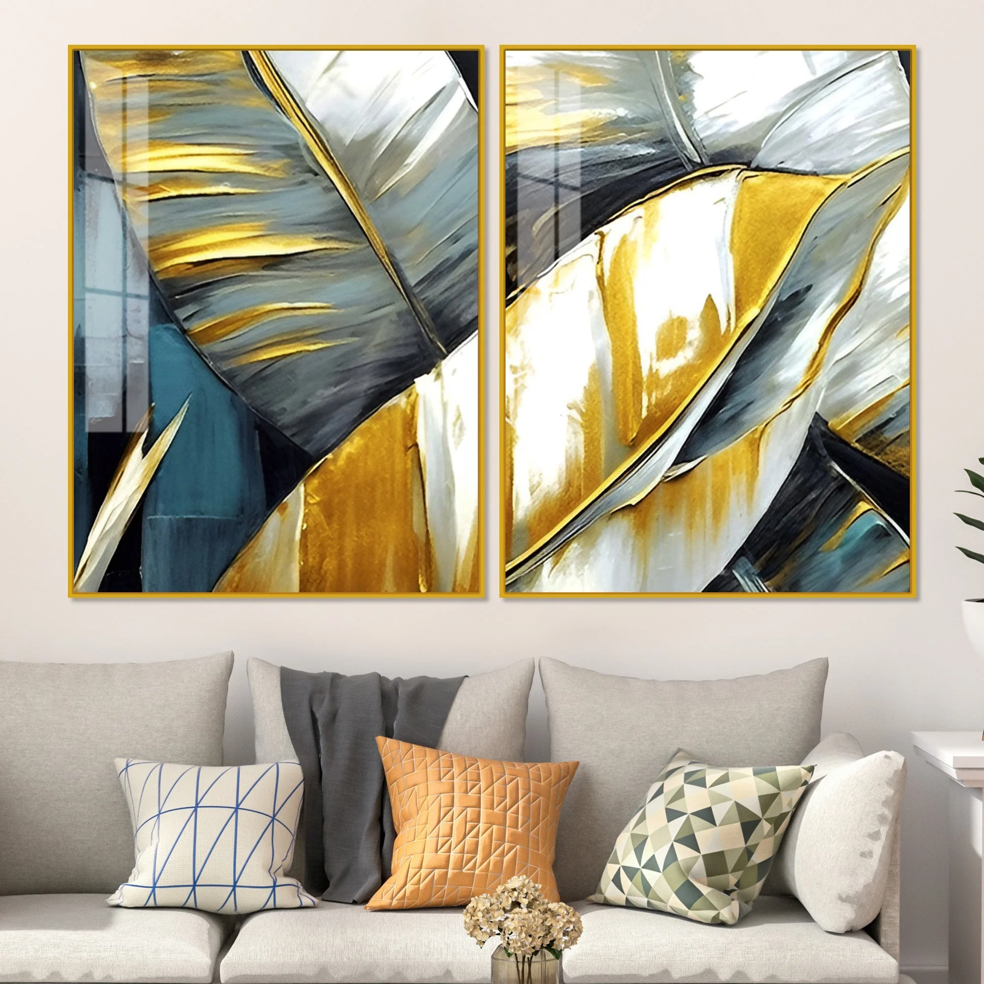 Golden Abstract Art Acrylic Floating Wall Painting Set of 2 - Image 2