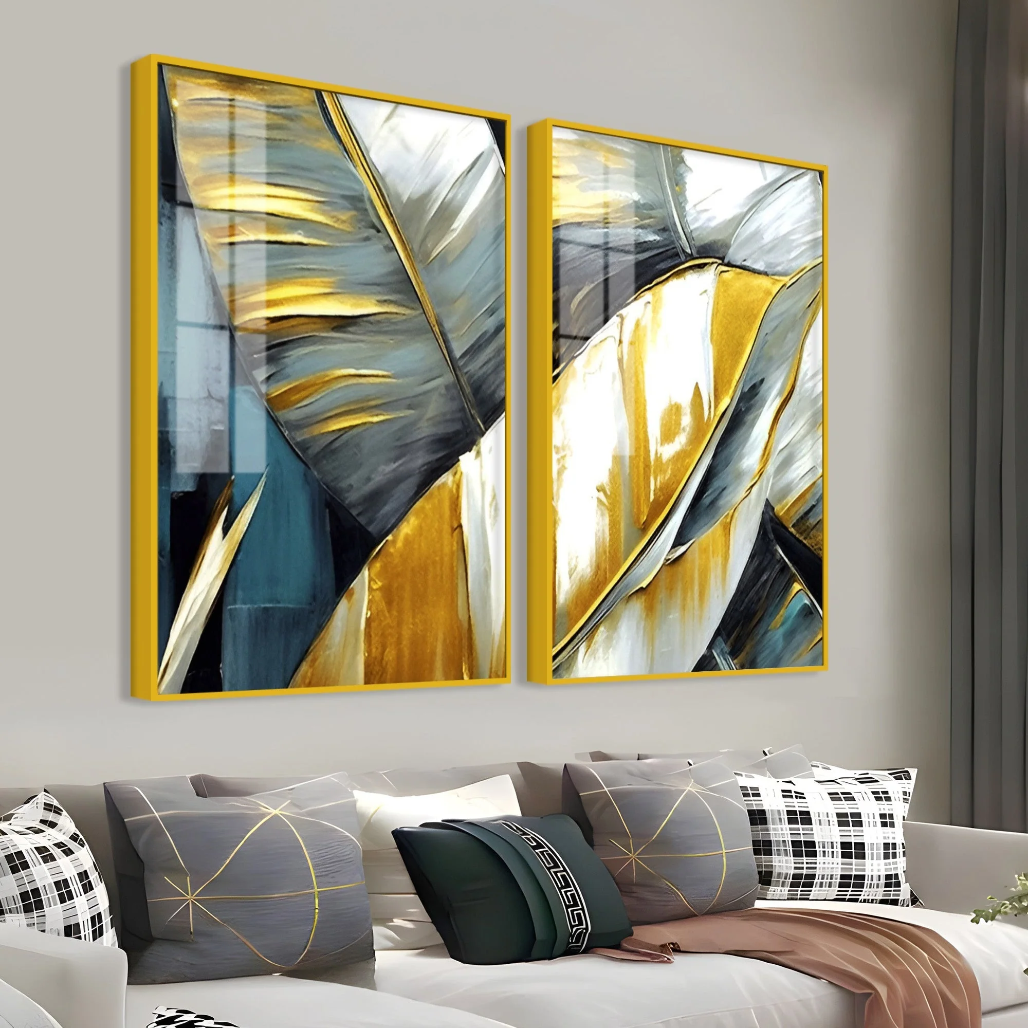 Golden Abstract Art Acrylic Floating Wall Painting Set of 2 - Image 3