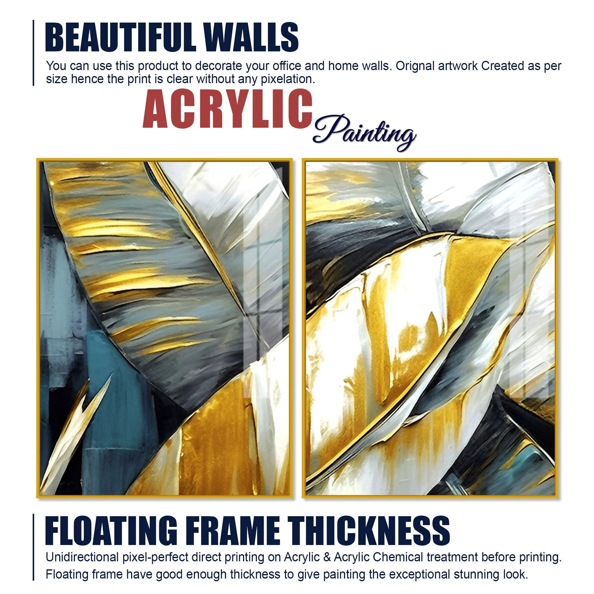 Golden Abstract Art Acrylic Floating Wall Painting Set of 2 - Image 6