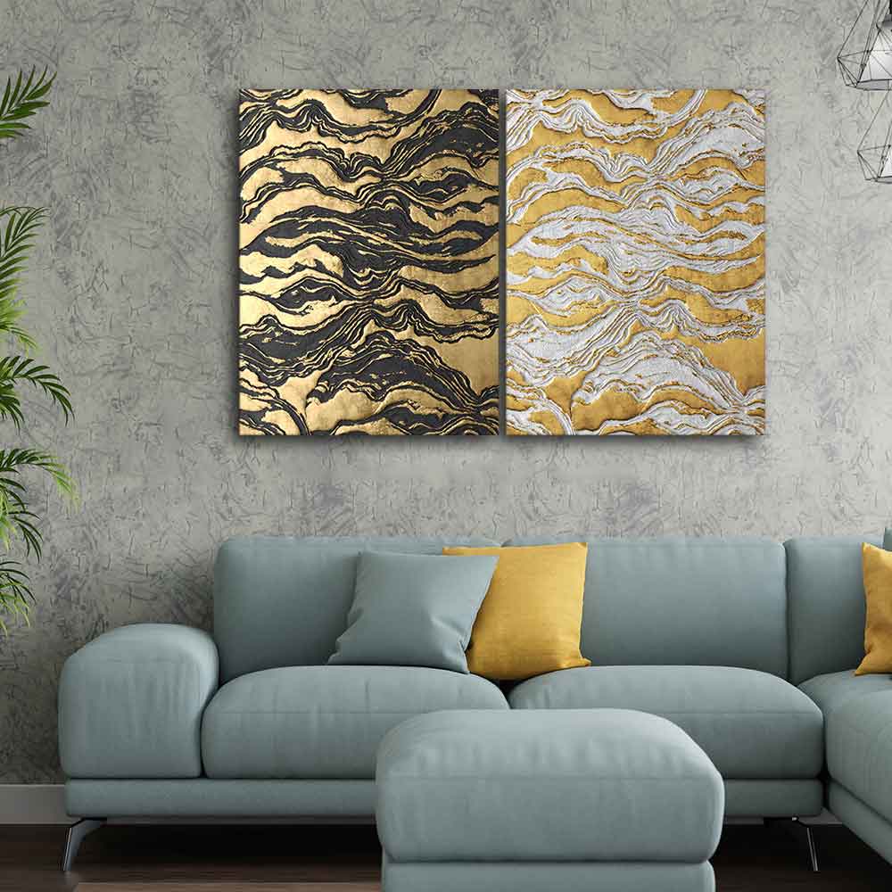 Golden Abstract Art Canvas Wall Painting of Two Pieces - Image 2