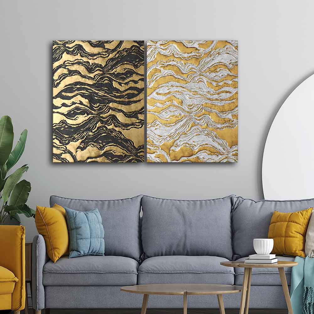 Golden Abstract Art Canvas Wall Painting of Two Pieces - Image 3