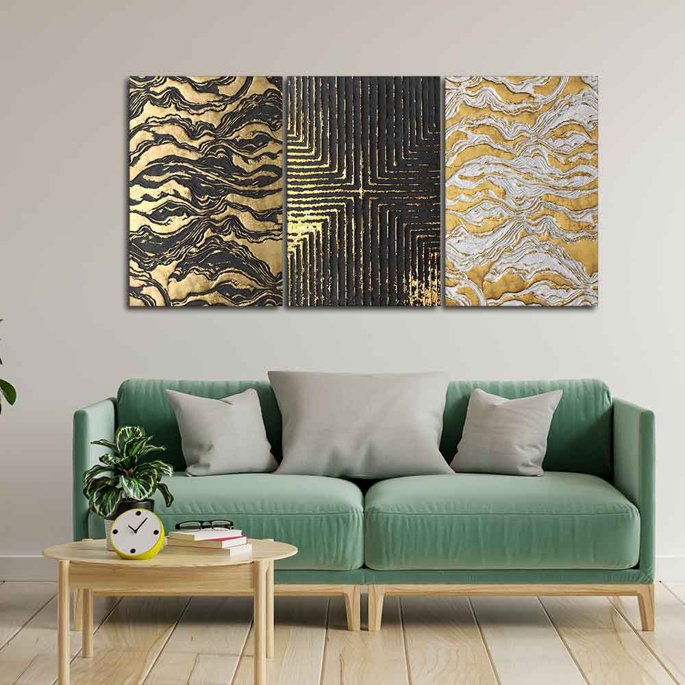 Golden Abstract Art Wall Painting of 3 Pieces - Image 2