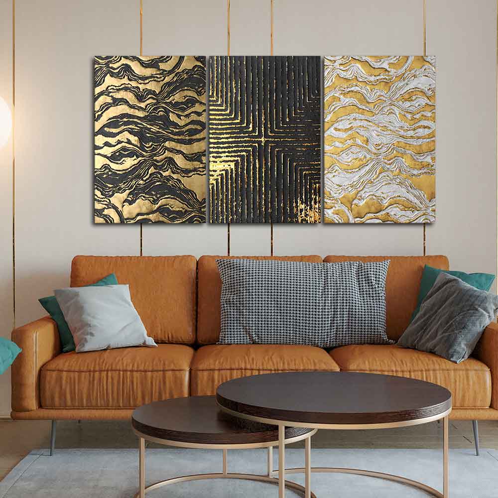 Golden Abstract Art Wall Painting of 3 Pieces - Image 3
