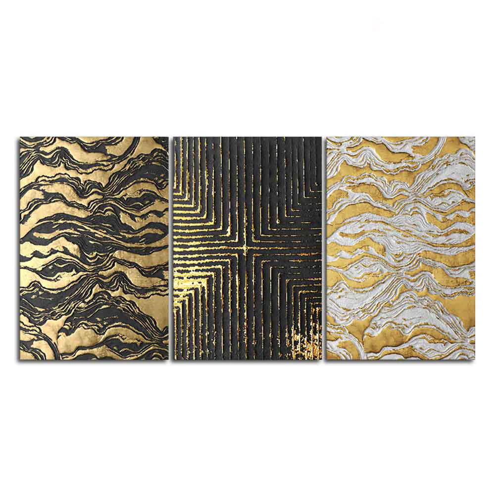 Golden Abstract Art Wall Painting of 3 Pieces - Image 4