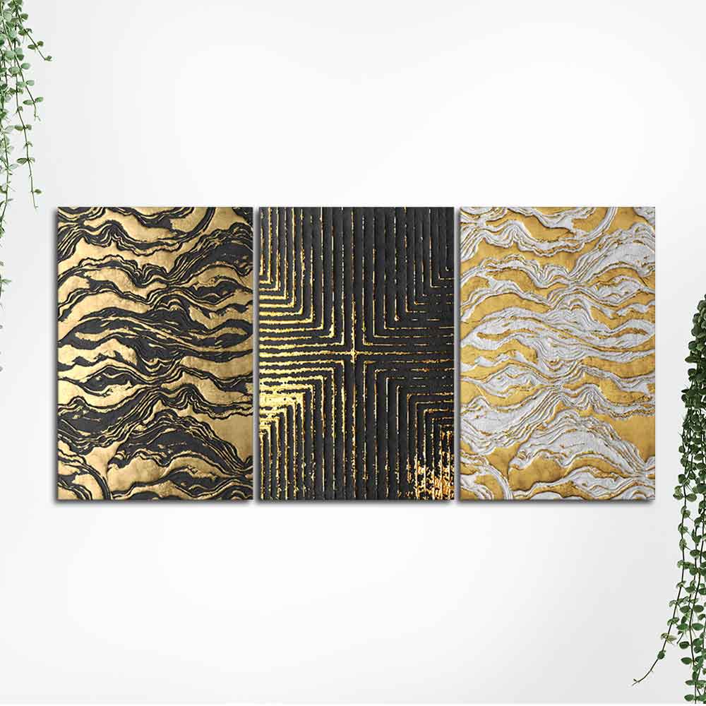 Golden Abstract Art Wall Painting of 3 Pieces - Image 5