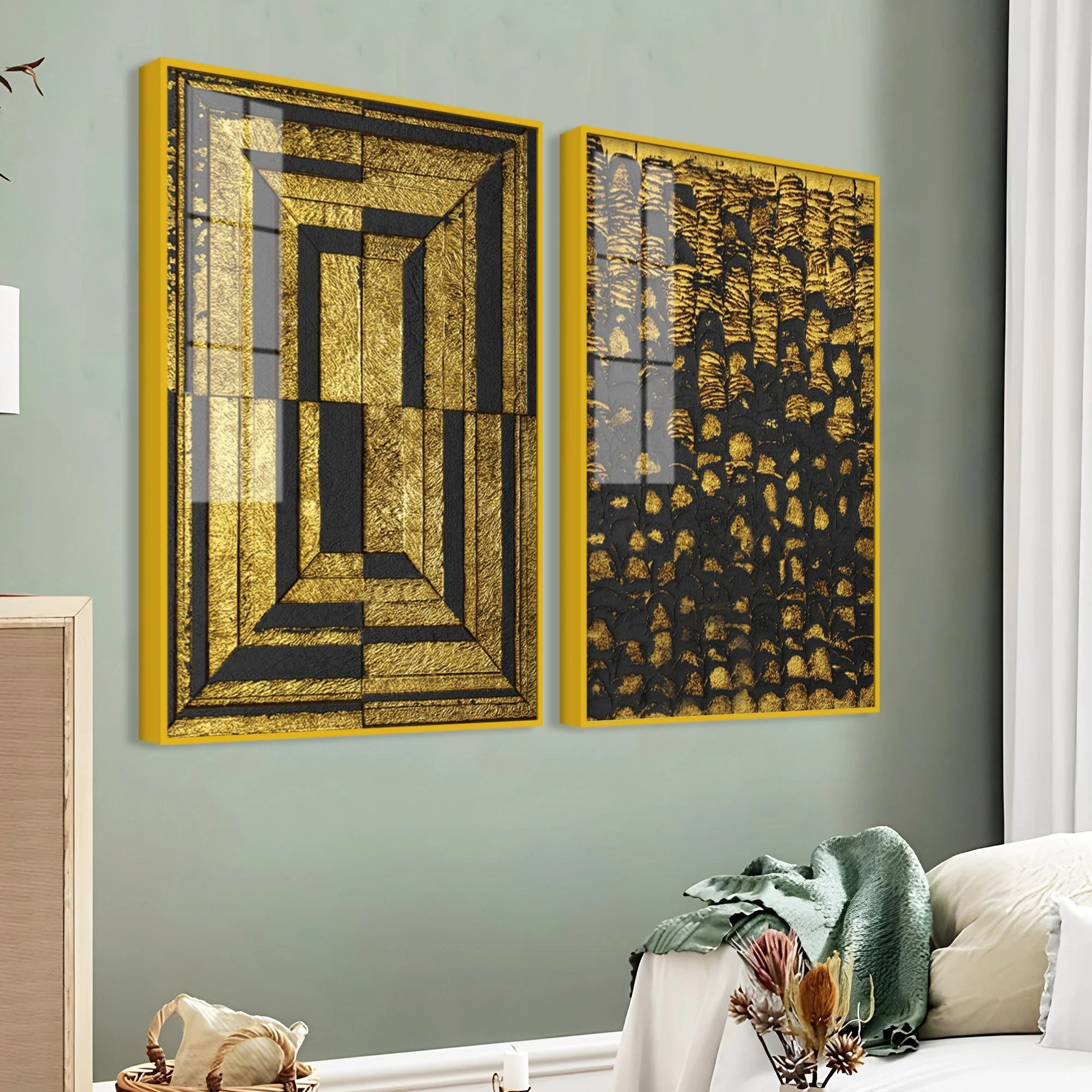 Golden Abstract Artistic Shapes Art Acrylic Floating Wall Painting Set Of 2 - Image 3