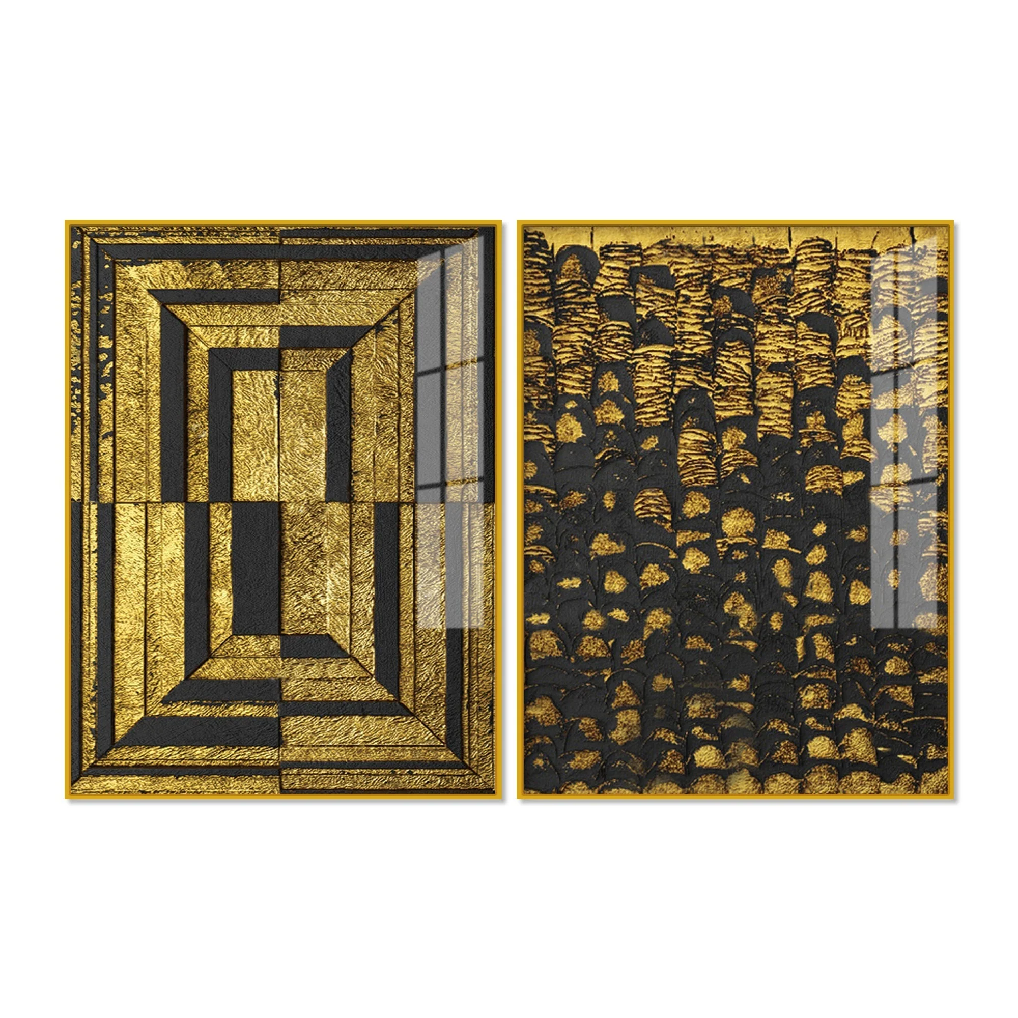 Golden Abstract Artistic Shapes Art Acrylic Floating Wall Painting Set Of 2 - Image 5