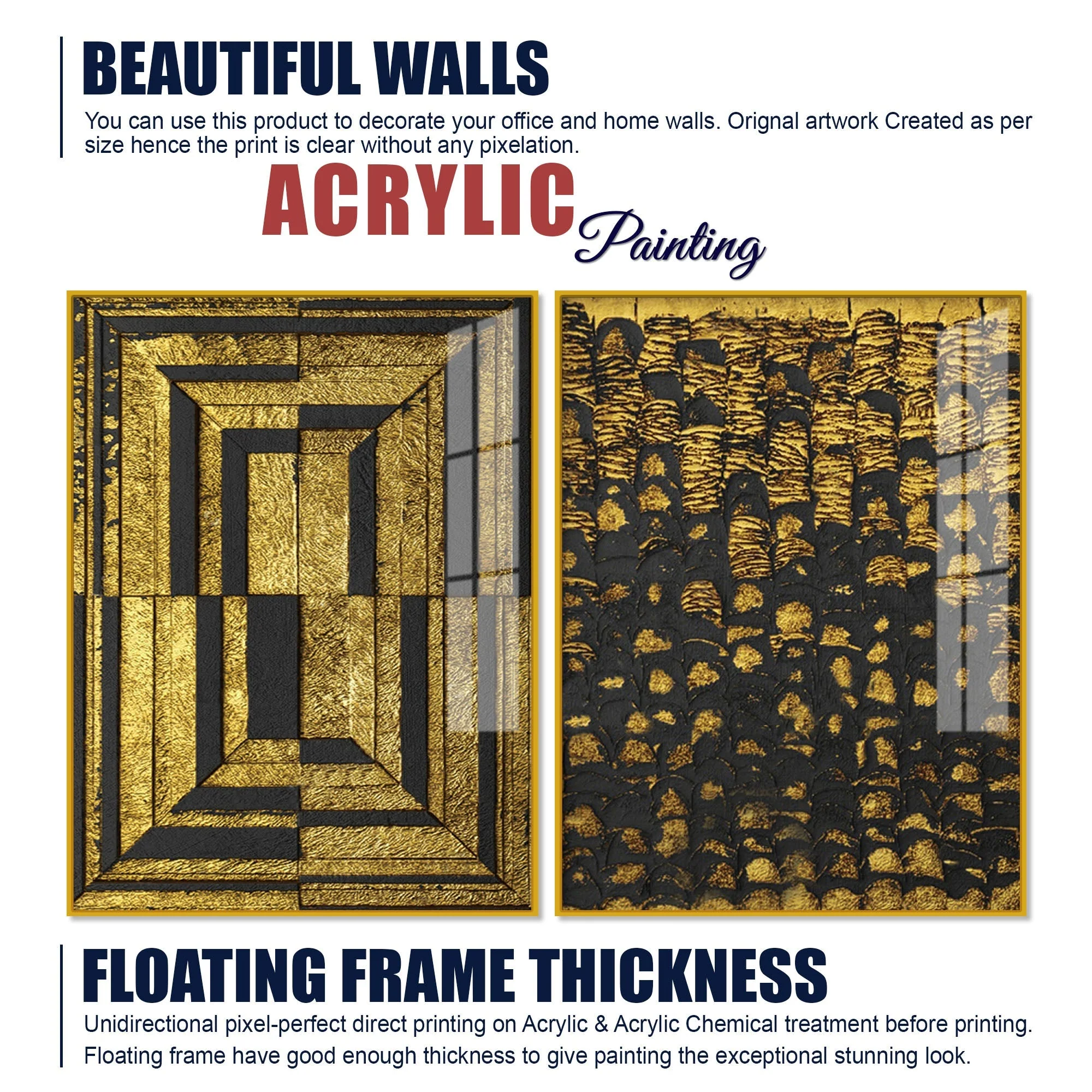Golden Abstract Artistic Shapes Art Acrylic Floating Wall Painting Set Of 2 - Image 6