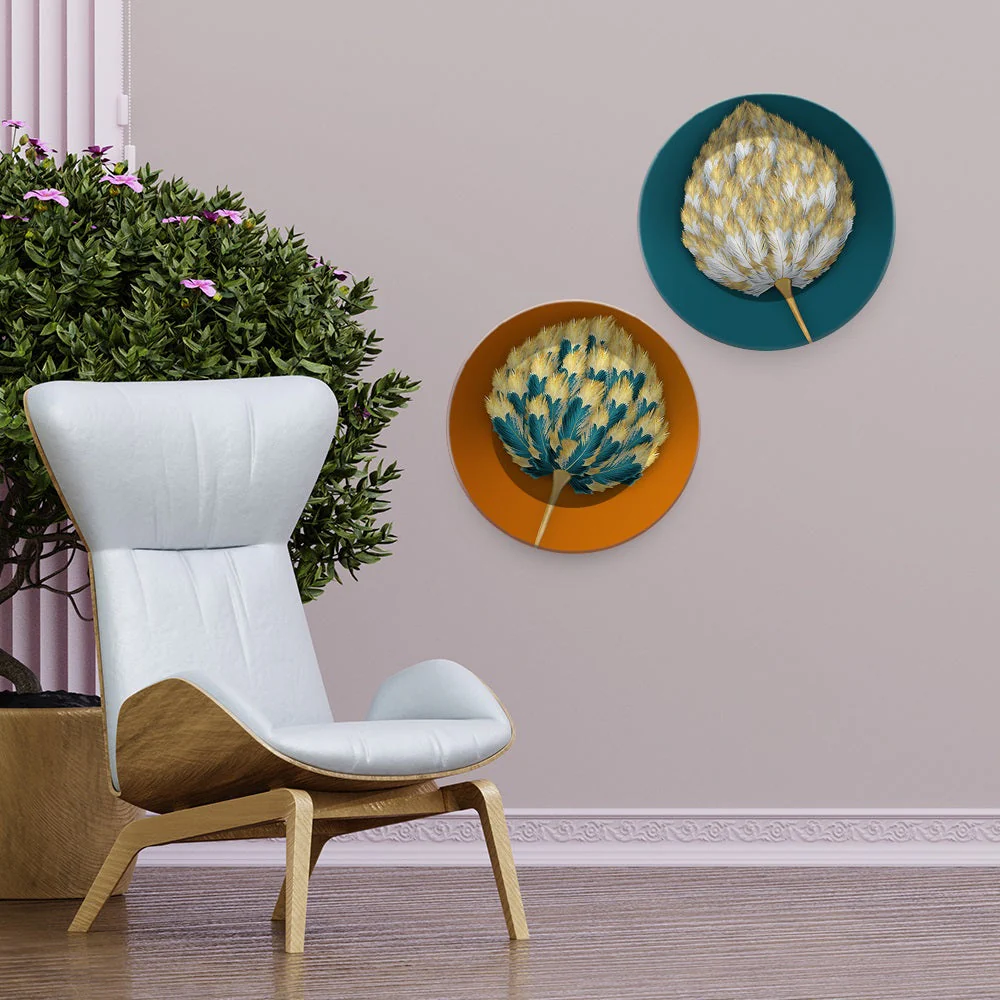 Golden Abstract Leaf Mural Art Wall Hanging Plates of Two Pieces - Image 4