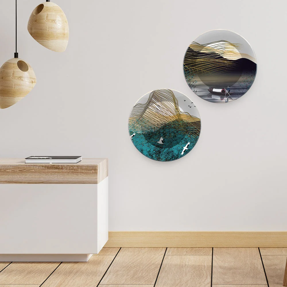 Golden Abstract Line Art Scenery Wall Hanging Plates of Two Pieces - Image 2