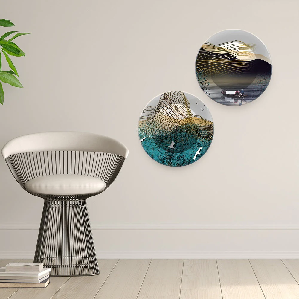 Golden Abstract Line Art Scenery Wall Hanging Plates of Two Pieces - Image 3