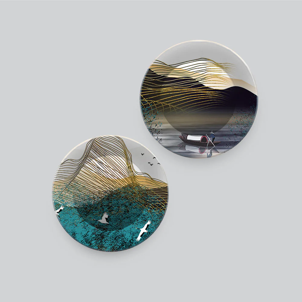 Golden Abstract Line Art Scenery Wall Hanging Plates of Two Pieces - Image 4