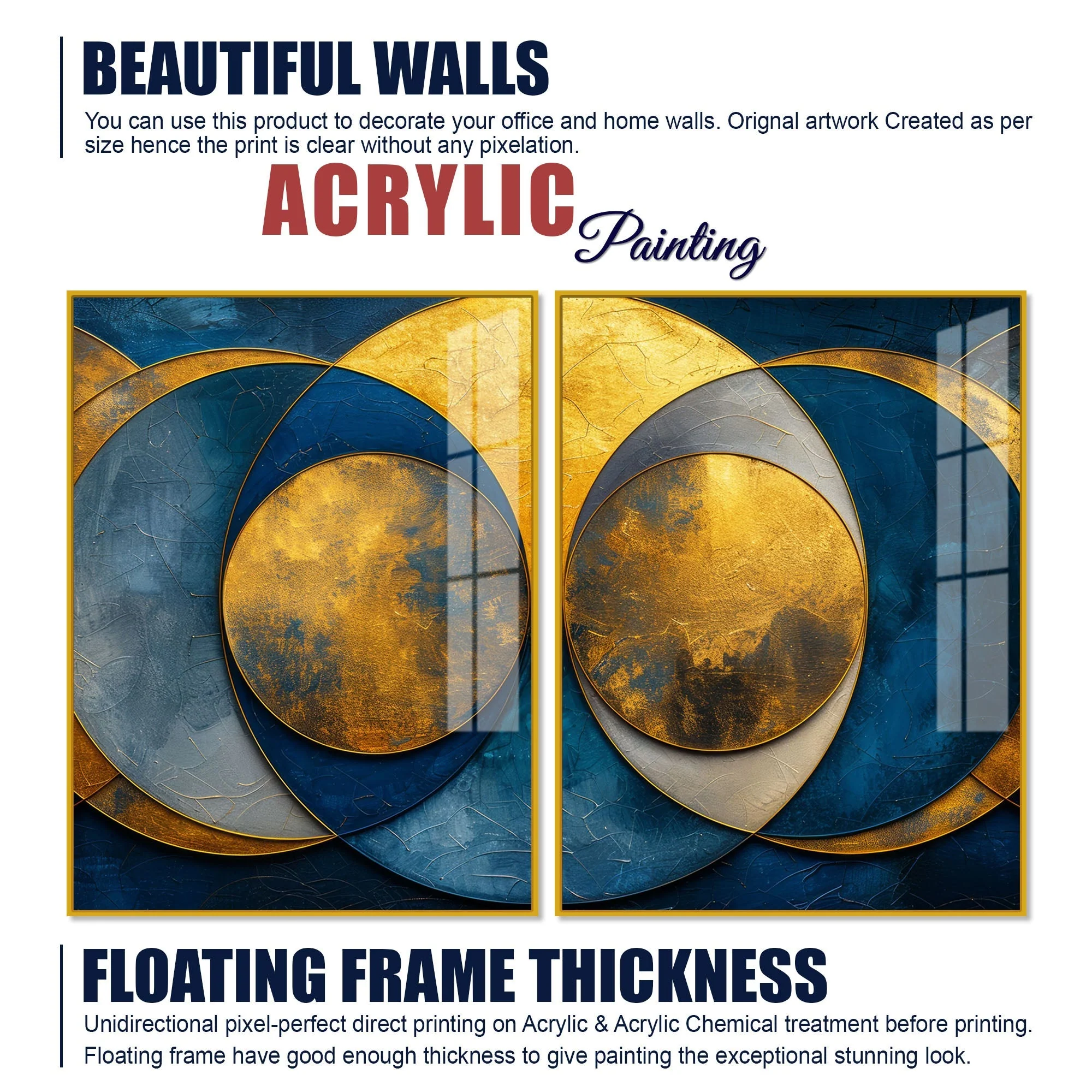 Golden Abstract Modern Circle Acrylic Floating Wall Painting Set of Two Pieces - Image 6