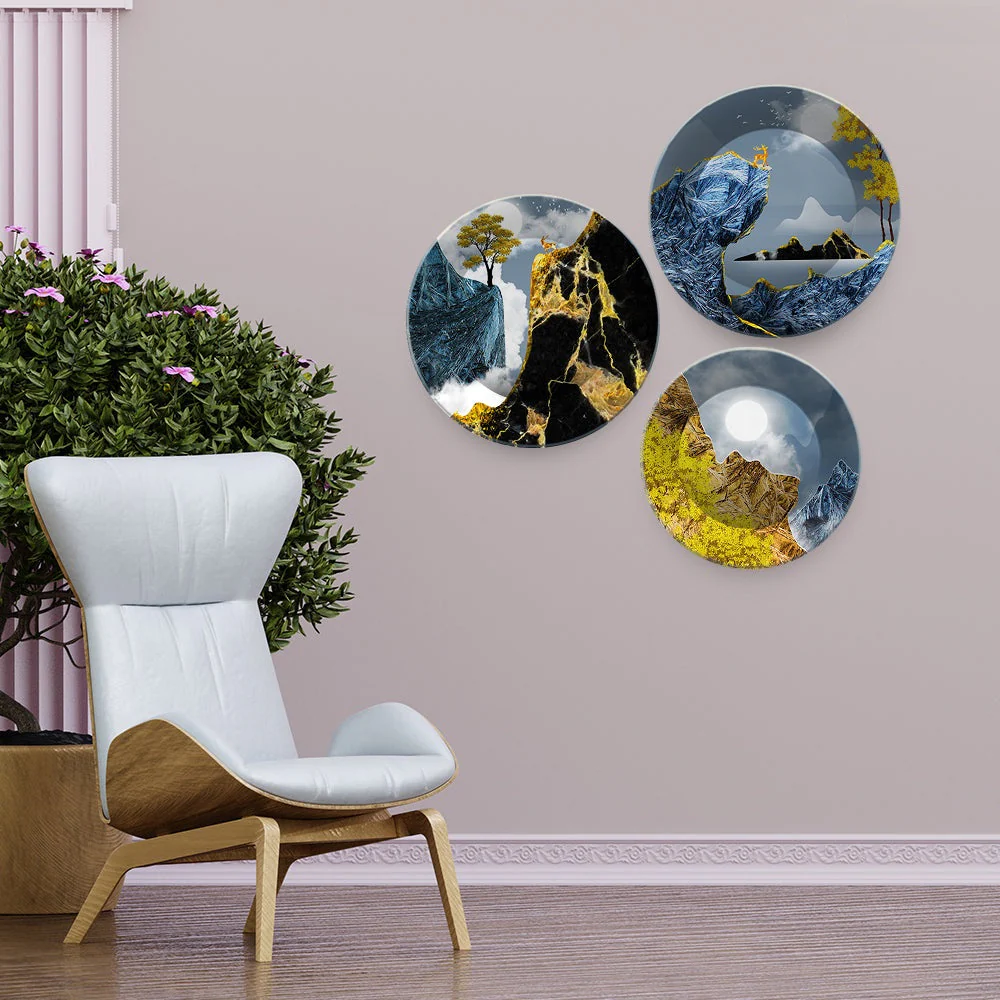 Golden Abstract Mountain Scenery Painting Wall Plates Set of 3 - Image 2